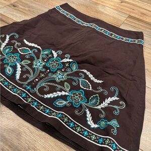 HEART & SOUL Vintage Brown Floral Embroidered Blue and Green Skirt | Size 29